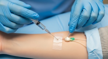 Primer plano de manos con guantes azules insertando una jeringa en el brazo de un adulto que tiene una cánula intravenosa fijada con cinta.