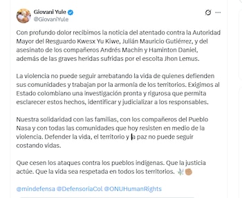 Giovani Yule, director de la Unidad de Restitución de Tierras, condenó el ataque armado perpetrado contra la población indígena en Florida, Valle del Cauca - crédito @GiovaniYule/X