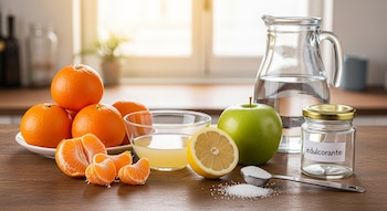 Ingredientes frescos, incluyendo mandarinas, limón,