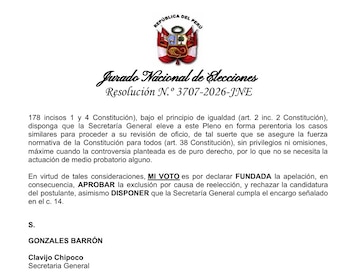 Documento impreso con el escudo oficial de Perú y texto firmado por la Secretaría General del Jurado Nacional de Elecciones