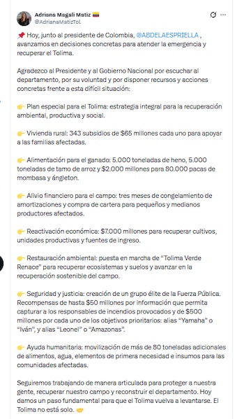 La gobernadora Adriana Magali Matiz agradeció al Gobierno de De la Espriella por ayudas destinadas a Tolima - crédito @AdrianaMatizTol/X