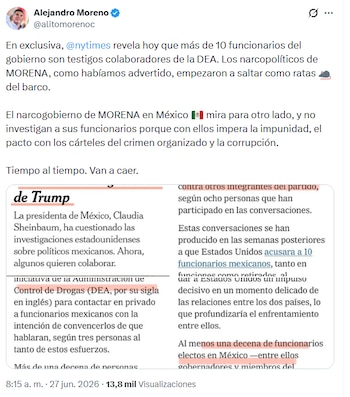 Oposición reacciona a reportaje sobre presuntos informantes de EEUU en Morena