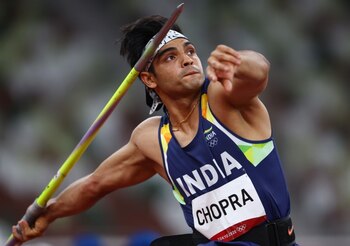 Ago 7, 2021.
Foto del sábado de Neeraj Chopra, de la India, en la final de lanzamiento de jabalina.
REUTERS/Kai Pfaffenbach