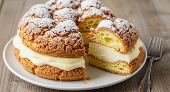 Primer plano de una Karpatka con superficie irregular y azúcar glas, revelando sus capas de masa choux y crema sobre un plato blanco en una mesa de madera.