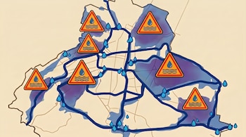 Un mapa ilustrado beige y azul que muestra líneas de rutas y zonas púrpuras de inundación. Triángulos naranjas con símbolos de agua indican peligro.