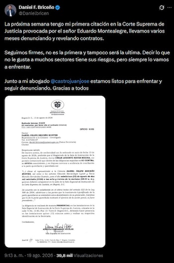 Daniel Briceño confirmó en redes sociales su citación a la Corte Suprema y aseguró que acudirá acompañado de su abogado Juan José Castro - crédito Daniel Briceño/X