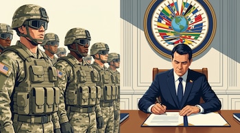 Grupo de soldados estadounidenses uniformados y en formación, y un diplomático colombiano en traje oscuro firmando un documento bajo el Escudo de las Américas.