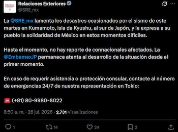 La Cancillería señala que el gobierno mexicano acompaña a la población de Kyushu luego del movimiento telúrico de magnitud 7.1 y difunde que, hasta ahora, no hay connacionales lesionados ni afectados