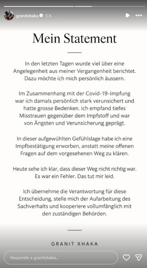 El comunicado de Xhaka en redes