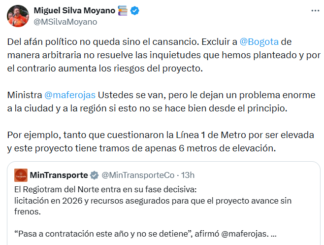 Miguel Silva insistió en que la exclusión de Bogotá del proyecto férreo aumenta los riesgos y cuestionó aspectos técnicos del Regiotram del Norte. - crédito @MSilvaMoyano/X