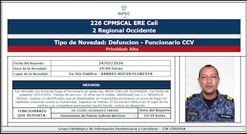 El funcionario de Instituto Nacional Penitenciario y Carcelario (Inpec) Alexander Mejía Cuéllar murió baleado el 24 de julio de 2026 sobre las 7:00 p. m. en vía pública del barrio Nueva Floresta, en Cali - crédito Suministrada a Infobae