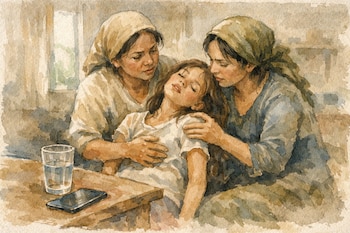 Ilustración acuarela con pinceladas visibles de dos mujeres adultas auxiliando a una niña desmayada. Se ve un vaso de agua y un teléfono móvil en una mesa de madera.