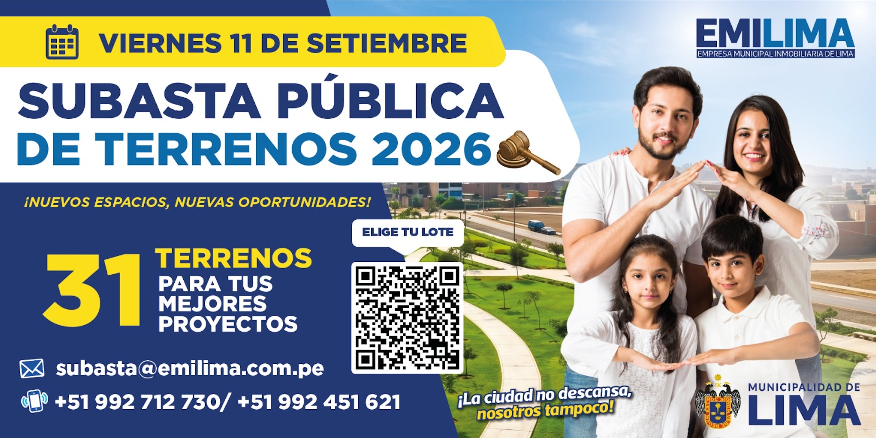 Un cartel informativo de EMILIMA detalla la subasta pública de 31 terrenos de la Municipalidad de Lima programada para el 11 de septiembre de 2026.