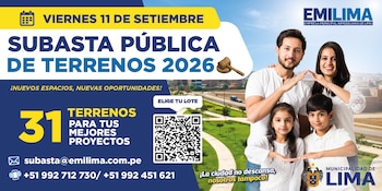 Banner informativo con texto sobre subasta de terrenos, un código QR, logotipos institucionales y una fotografía de una familia
