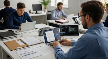 Hombre en oficina usa portátil con interfaz de inteligencia artificial y monitor con código. Hay documentos y carpetas en el escritorio y otros empleados.