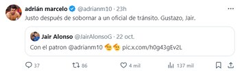 Posteo de Adrián Marcelo señalando