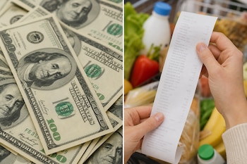 Imagen dividida con billetes de cien dólares a la izquierda y manos sujetando un recibo de compra frente a un carro de supermercado a la derecha.