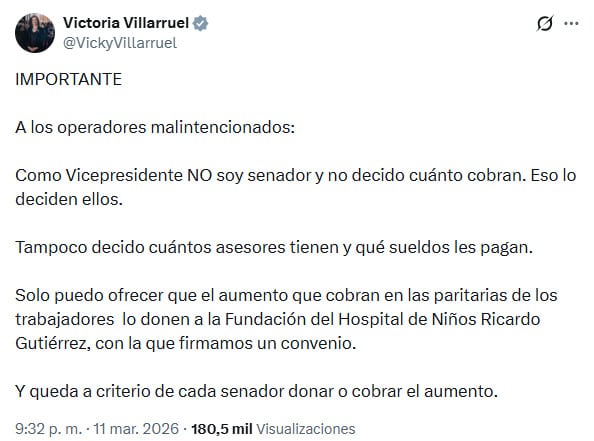 El comunicado que publicó la vicepresidenta en su perfil en X