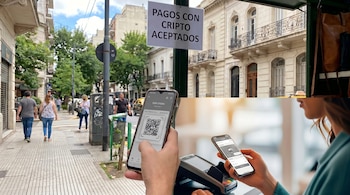 Calle urbana con cartel "Pagos con Cripto Aceptados". Manos sostienen un smartphone mostrando un código QR para pago y otro teléfono interactuando con un POS.