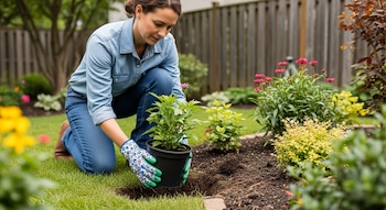 Mujer arrodillada con camisa vaquera y guantes floreados sostiene una planta en maceta negra junto a un hoyo en la tierra de un jardín con césped y cerca.