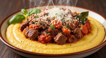 Primer plano de un plato humeante de polenta amarilla con tuco de carne, zanahorias, queso rallado y hojas de albahaca, sobre una superficie de madera oscura.