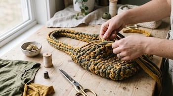 Manos tejiendo una bolsa de tiras de tela verde y mostaza sobre una mesa de madera con tijeras, hilos y retazos de camiseta.