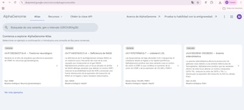 Captura de pantalla de un sitio web con un buscador central y cuatro tarjetas informativas sobre variantes genéticas en fondo claro
