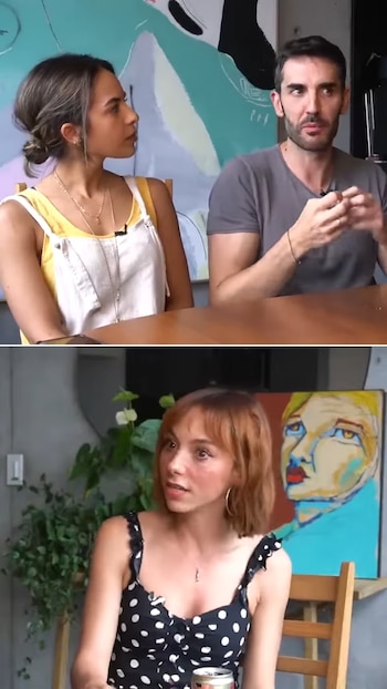 En la parte superior, Natalia Téllez con coleta y Pedro Prieto gesticulando. En la inferior, Natalia Téllez con cabello corto y un top de lunares