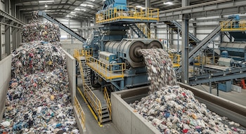 Dentro de una fábrica, una máquina azul tritura ropa usada, arrojando fibras recuperadas en una cinta transportadora junto a grandes pilas de textiles.