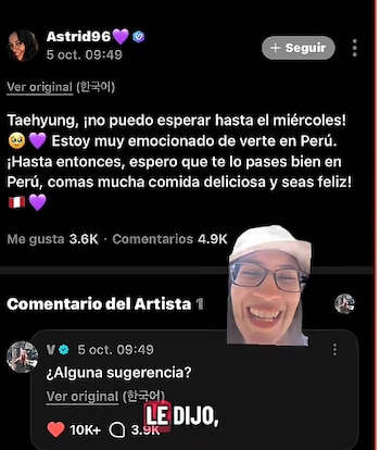 Captura de pantalla con texto en español sobre un viaje a Perú y un comentario del cantante V preguntando por sugerencias
