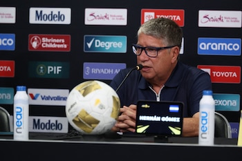 Jun 21, 2025; Houston, Texas, USA; El Salvador head coach Hernan Dario Gomez speaks during the press conference after the match against Honduras during a group stage match of the 2025 Gold Cup at Shell Energy Stadium. Mandatory Credit: Troy Taormina-Imagn Images