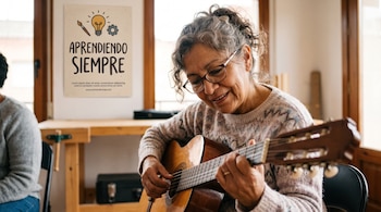 Una mujer con gafas y suéter toca una guitarra acústica junto a un cartel en la pared que dice Aprendiendo Siempre.