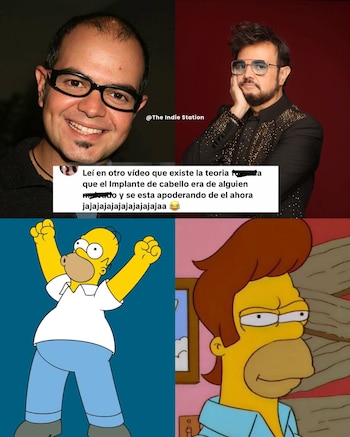 Composición con dos fotografías de un hombre con diferente cabello, un comentario de texto superpuesto y dos ilustraciones de Homer Simpson