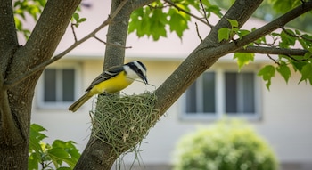 Un pájaro benteveo amarillo y negro está posado en un nido de hierba en la rama de un árbol, sosteniendo un trozo de material con su pico. Detrás se ve una casa con ventanas.