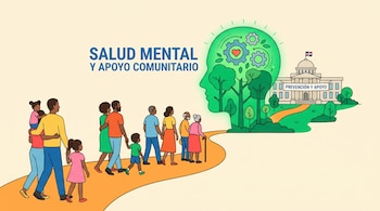 Ilustración de familias diversas caminando por un sendero hacia una silueta de cabeza verde, un edificio con bandera dominicana y el texto 'SALUD MENTAL Y APOYO COMUNITARIO'.
