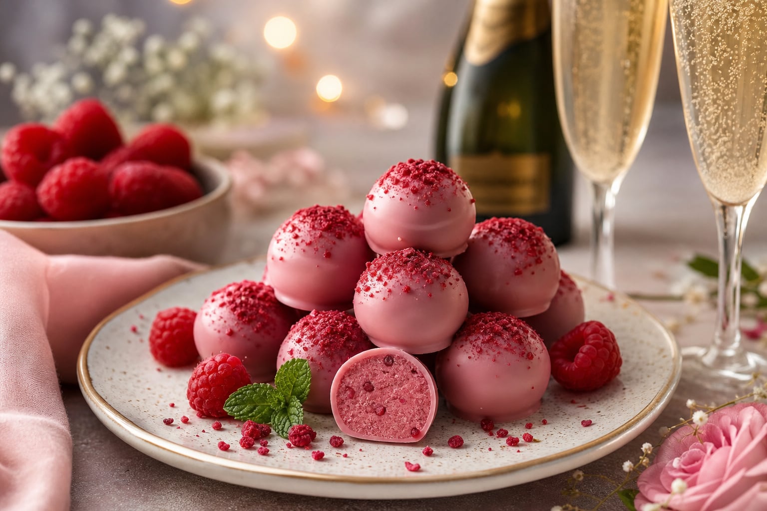 Un plato reúne trufas rosadas de frambuesa y cava junto a fruta fresca y dos copas de vino espumoso. (Imagen Ilustrativa Infobae)
