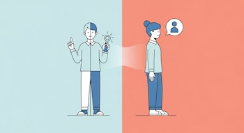 Ilustración plana de una persona dividida en dos, sobre fondo azul pastel y coral. La figura izquierda apunta y sostiene una lupa; la derecha observa con burbuja de perfil.