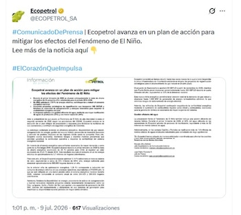 El anuncio se hizo por parte de Ecopetrol la mañana del jueves 9 de julio de 2026 - crédito @ECOPETROL_SA/X