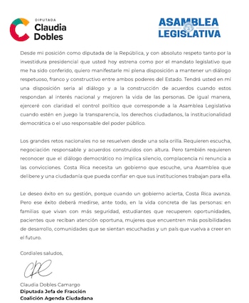 Carta enviada por la diputada Claudia Dobles a la nueva presidenta de Costa Rica, Laura Fernández. Créditos: Equipo de comunicación Claudia Dobles