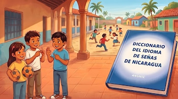 Niños conversan con señas frente a un libro azul titulado Diccionario del Idioma de Señas de Nicaragua, con un patio escolar al fondo.