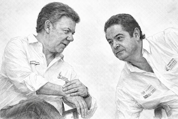 Ilustración a lápiz en blanco y negro de Juan Manuel Santos y Germán Vargas Lleras, ambos hombres de mediana edad en camisas claras, mirándose mutuamente.