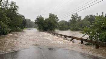Agua turbia que fluye sobre una valla de madera e invade una calle de asfalto con árboles y cables de luz al fondo.