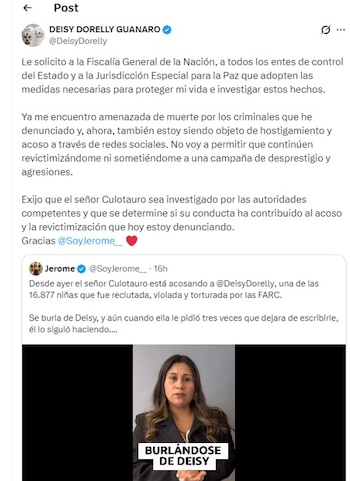 La víctima exigió una investigación formal para determinar si la conducta de Culotauro constituye acoso y revictimización - crédito @DeisyDorelly/ X