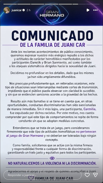 Una captura de pantalla digital muestra un comunicado oficial de la familia de Juani Car con el logo de Gran Hermano en la parte superior