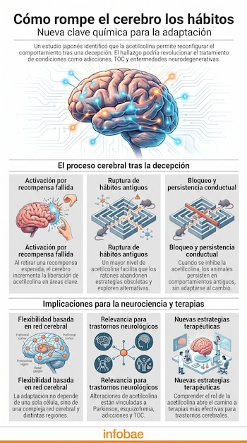 Infografía ilustra el cerebro humano con conexiones neuronales y diagramas sobre la acetilcolina, ratones en laberintos y redes cerebrales.