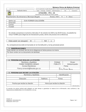 La Fiscalía General de la Nación de Colombia citó para el miércoles 21 de octubre a las 9:00 a. m. a Eva Ferrer Galcerán - crédito Fiscalía