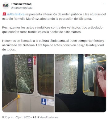 Transmetro cerró operación anticipadamente por disturbios cerca del estadio Romelio Martínez - crédito @transmetrobaq/X