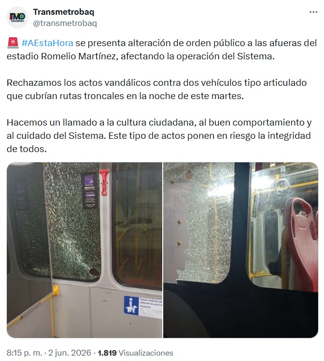Transmetro cerró operación anticipadamente por disturbios cerca del estadio Romelio Martínez - crédito @transmetrobaq/X