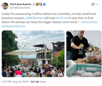 El chef José Andrés anunció un millón de dólares para reactivar pequeños negocios de comida - crédito @chefjoseandres / X