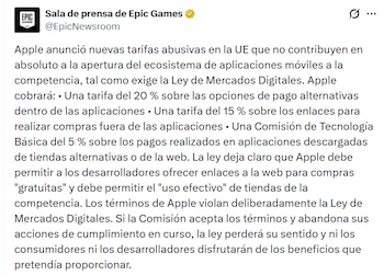 Texto digital de Epic Games sobre las nuevas tarifas de Apple en la Unión Europea con porcentajes (20%, 15%, 5%) y la Ley de Mercados Digitales